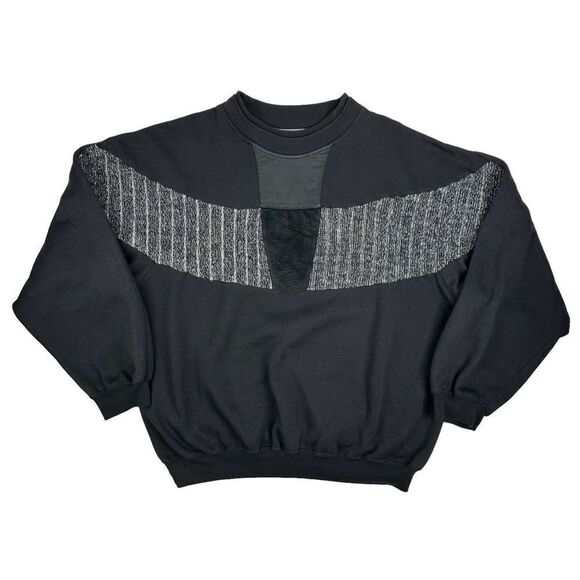 Vintage Leather Knit Double Collar Crewneck Sweater Sweatshirt XL Cut & Sew - Picture 1 of 3